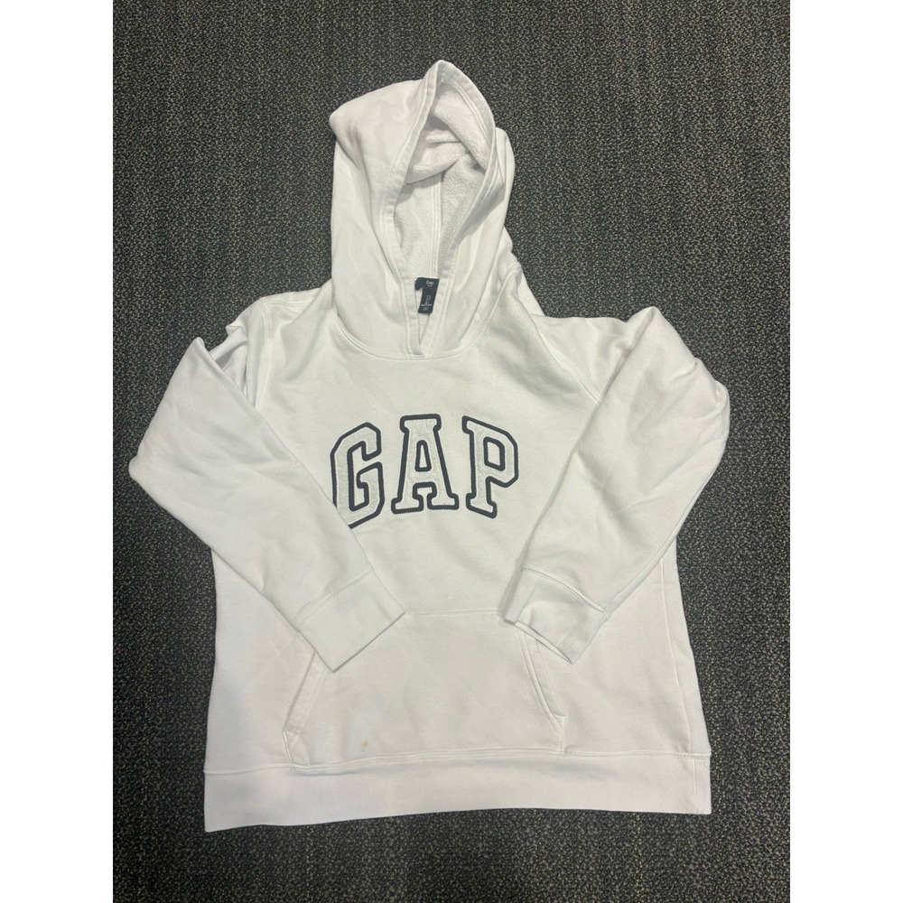 ⁠GAP Vintage Soft Arch Logo Hoodie White Blue Outline Mens Size M - L Fleece